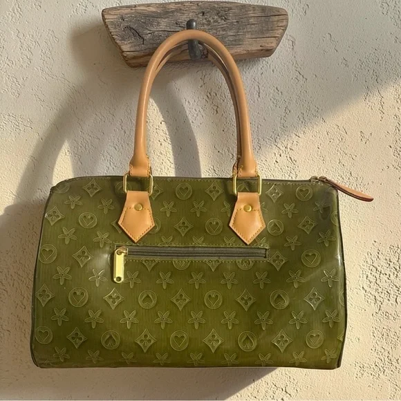 Vintage Olive Green Patent Monogram Satchel Speedy Style Y2K Glossy Handbag - Picture 2 of 16